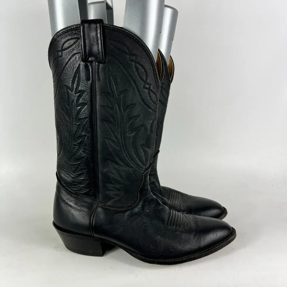 Nocona Cowboy Boots Men's 8 Black Leather Embroidery Stitch Mid-Calf Western